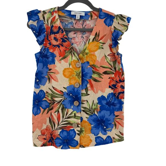 Nine West Womens XS Multicolor Floral Linen Flutter Cap Sleeve Button Blouse Top - Picture 1 of 10